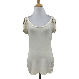Cache Blouse Women S Small Ivory Gold Studded Embellished Scoop Neck Ruched Side